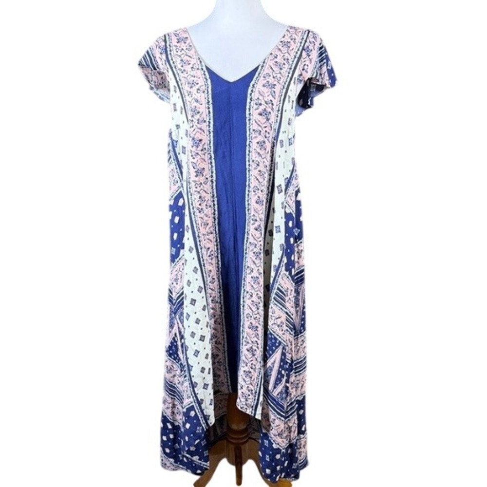 Maeve Anthropologie Navy‎ Blue Floral Patchwork High Low Maxi Dress Medium